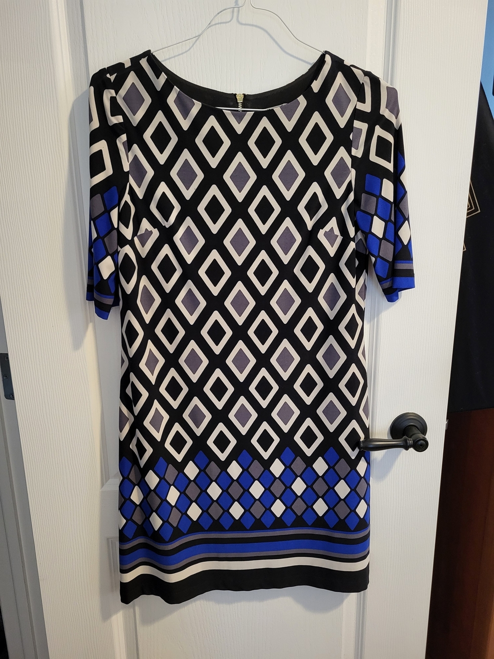Eliza J Black Dress with Cream and Blue Geometric Print